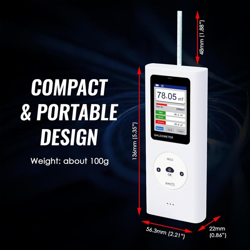 DANOPLUS Digital Gauss Meter Tesla Meter, Professional Magnetic Field Tester with 0-25000 Gs (0-2500 mT) Range, HD Color Display Rechargeable N/S Pole Detection Data Storage for Magnets Motors & Industrial Use - Image 5